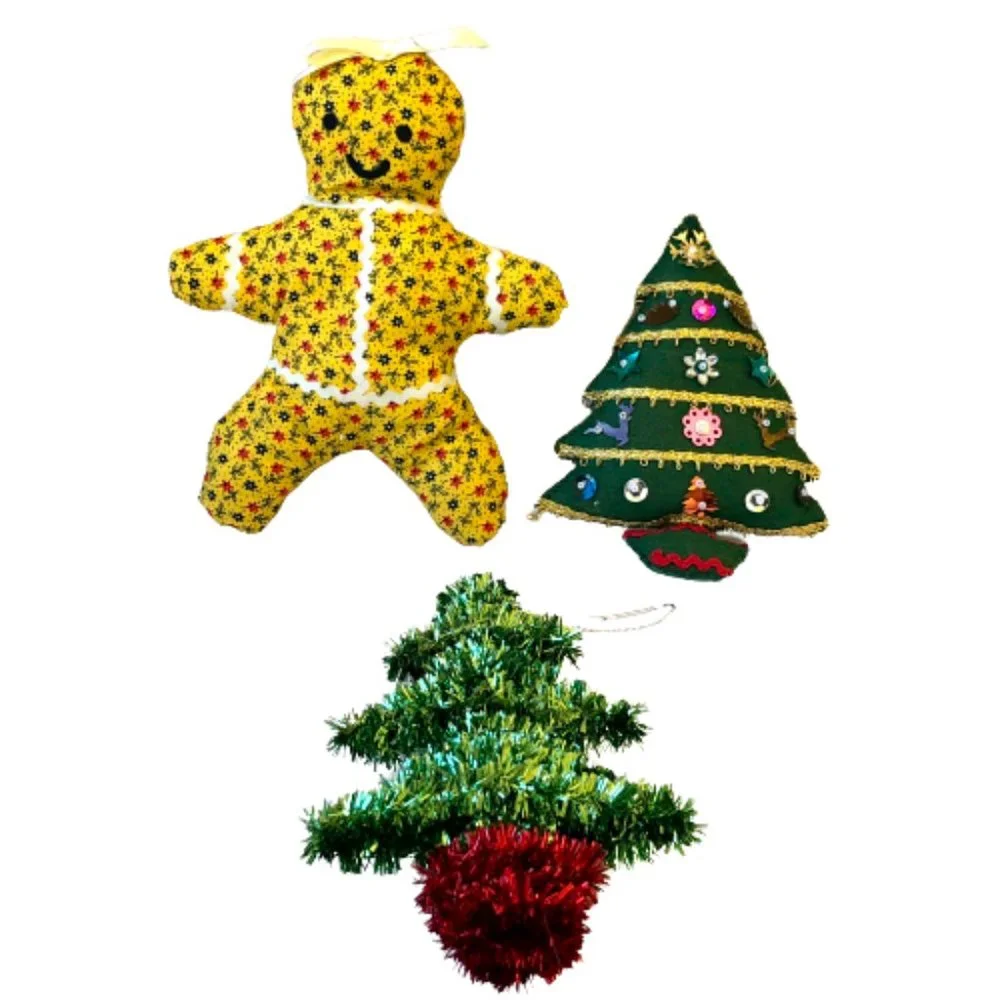 Vintage Christmas Ornaments Fabric & Tinsel Trees and Gingerbread Lot of 3